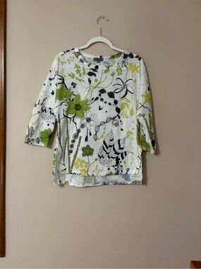 Shana Apparel Botanical‎ Print Top 3/4 Sleeve Lagenlook Art to Wear Artsy Boho